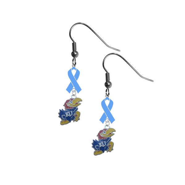Kansas Jayhawks Prostate Cancer Awareness Light Blue Ribbon Dangle Earrings