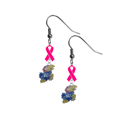 Kansas Jayhawks Breast Cancer Awareness Hot Pink Ribbon Dangle Earrings
