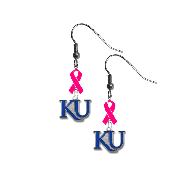 Kansas Jayhawks Style 2 Breast Cancer Awareness Hot Pink Ribbon Dangle Earrings