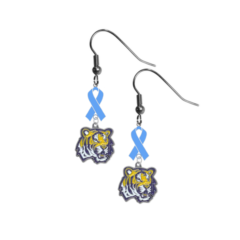 LSU Tigers Prostate Cancer Awareness Light Blue Ribbon Dangle Earrings