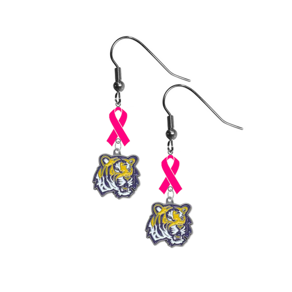 LSU Tigers Breast Cancer Awareness Hot Pink Ribbon Dangle Earrings
