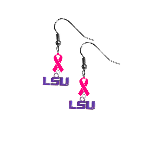 LSU Tigers Style 2 Breast Cancer Awareness Hot Pink Ribbon Dangle Earrings