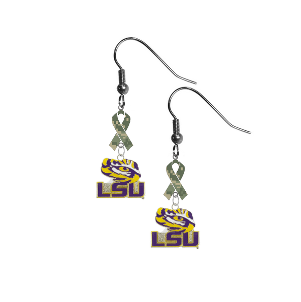 LSU Tigers Style 3 Salute to Service Camouflage Camo Ribbon Dangle Earrings