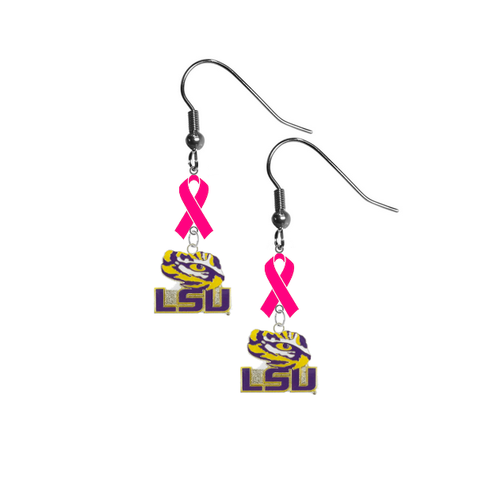 LSU Tigers Style 3 Breast Cancer Awareness Hot Pink Ribbon Dangle Earrings