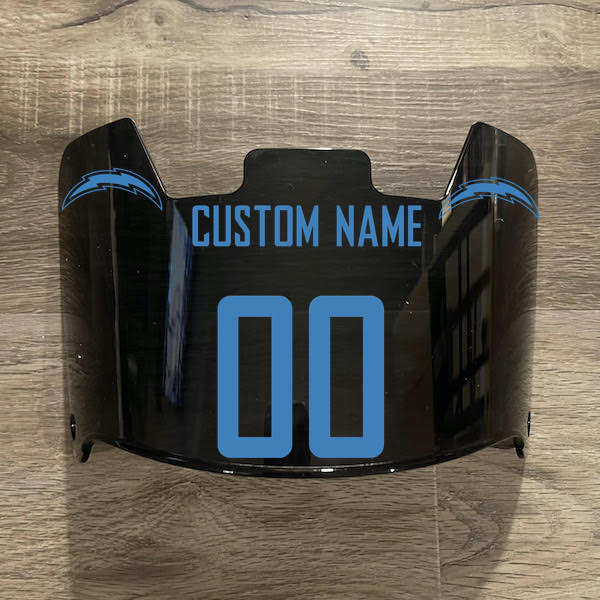 Los Angeles Chargers Custom Name & Number Full Size Football Helmet Visor Shield Black Dark Tint w/ Clips - Light Blue