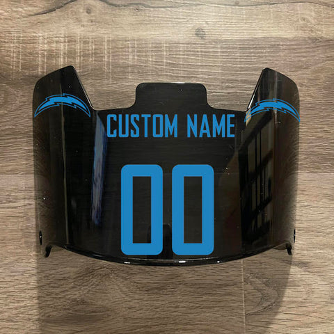 Los Angeles Chargers Custom Name & Number Full Size Football Helmet Visor Shield Black Dark Tint w/ Clips - Light Blue
