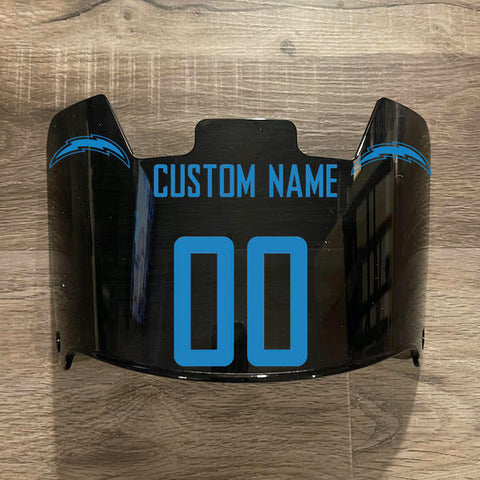 Los Angeles Chargers Custom Name & Number Full Size Football Helmet Visor Shield Black Dark Tint w/ Clips - Light Blue