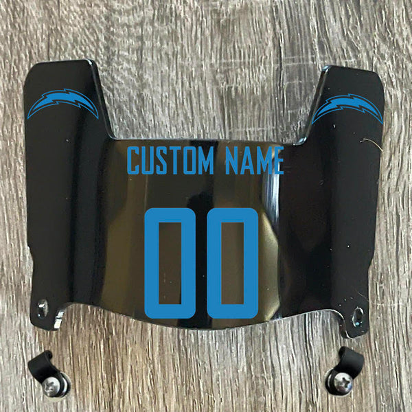 Los Angeles Chargers Custom Name & Number Mini Football Helmet Visor Shield Black Dark Tint w/ Clips - Light Blue