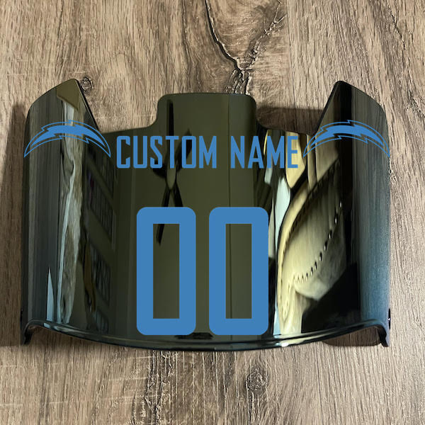 Los Angeles Chargers Custom Name & Number Full Size Football Helmet Visor Shield Gold Iridium Mirror w/ Clips - Light Blue