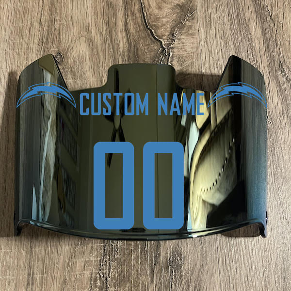 Los Angeles Chargers Custom Name & Number Full Size Football Helmet Visor Shield Gold Iridium Mirror w/ Clips - Light Blue