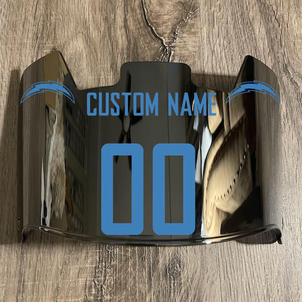 Los Angeles Chargers Custom Name & Number Full Size Football Helmet Visor Shield Silver Chrome Mirror w/ Clips - Light Blue