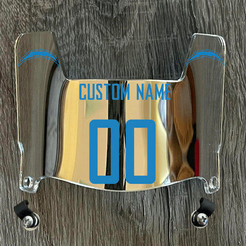 Los Angeles Chargers Custom Name & Number Mini Football Helmet Visor Shield Silver Chrome Mirror w/ Clips - Light Blue