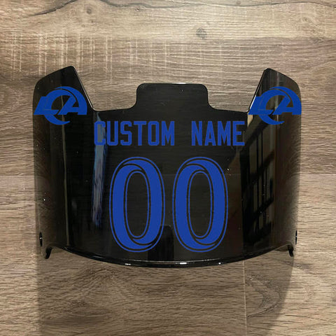 Los Angeles Rams Custom Name & Number Full Size Football Helmet Visor Shield Black Dark Tint w/ Clips - Blue
