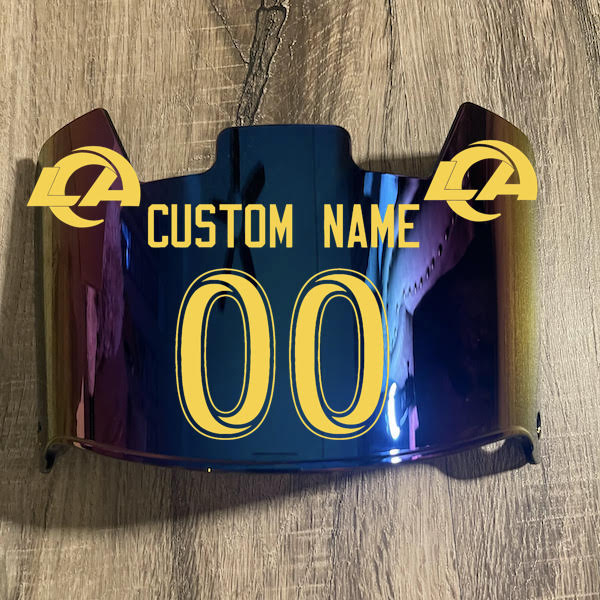 Los Angeles Rams Custom Name & Number Full Size Football Helmet Visor Shield Blue Iridium Mirror w/ Clips - Yellow