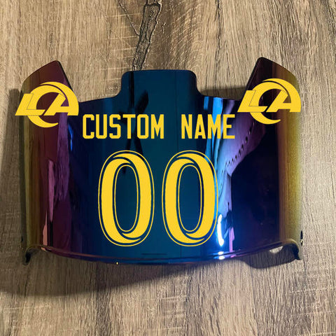 Los Angeles Rams Custom Name & Number Full Size Football Helmet Visor Shield Blue Iridium Mirror w/ Clips - Yellow