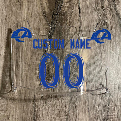 Los Angeles Rams Custom Name & Number Full Size Football Helmet Visor Shield Clear w/ Clips - Blue