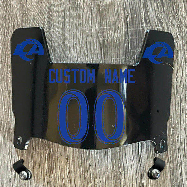 Los Angeles Rams Custom Name & Number Mini Football Helmet Visor Shield Black Dark Tint w/ Clips - BLUE