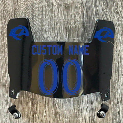 Los Angeles Rams Custom Name & Number Mini Football Helmet Visor Shield Black Dark Tint w/ Clips - BLUE