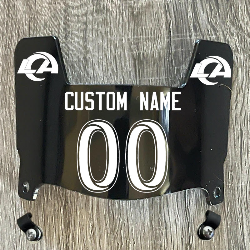 Los Angeles Rams Custom Name & Number Mini Football Helmet Visor Shield Black Dark Tint w/ Clips - White