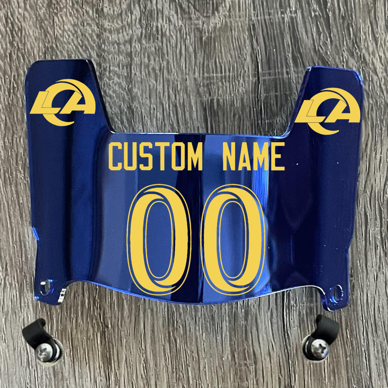 Los Angeles Rams Custom Name & Number Mini Football Helmet Visor Shield Blue Chrome Mirror w/ Clips - PICK LOGO COLORLos Angeles Rams Custom Name & Number Mini Football Helmet Visor Shield Blue Chrome Mirror w/ Clips - Yellow
