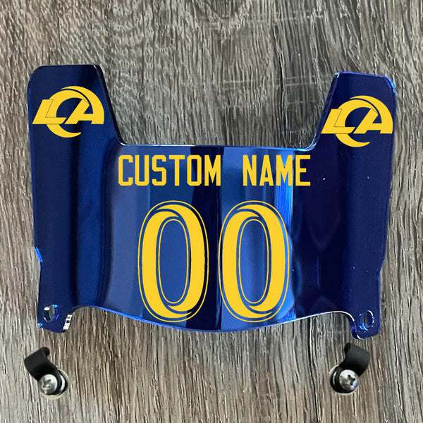 Los Angeles Rams Custom Name & Number Mini Football Helmet Visor Shield Blue Chrome Mirror w/ Clips - PICK LOGO COLORLos Angeles Rams Custom Name & Number Mini Football Helmet Visor Shield Blue Chrome Mirror w/ Clips - Yellow