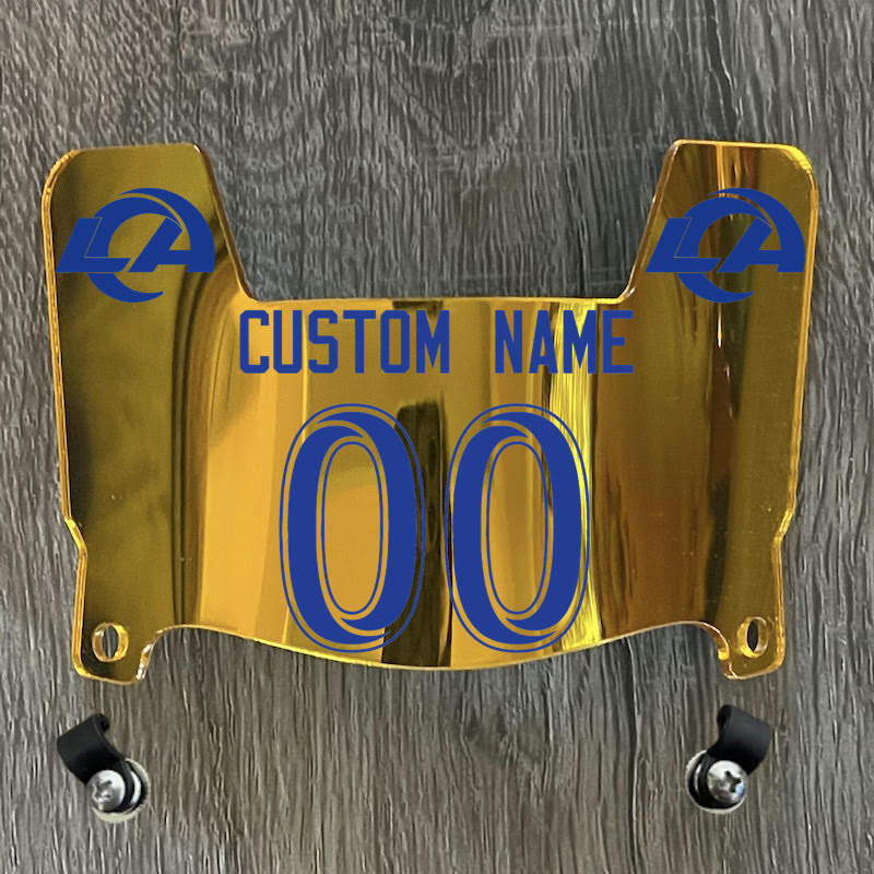 Los Angeles Rams Custom Name & Number Mini Football Helmet Visor Shield Gold Chrome Mirror w/ Clips - Blue