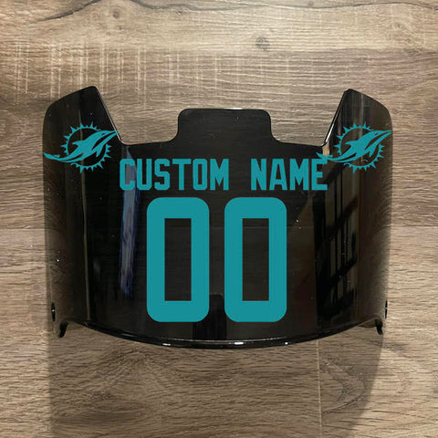Miami Dolphins Custom Name & Number Full Size Football Helmet Visor Shield Black Dark Tint w/ Clips - Aqua Green