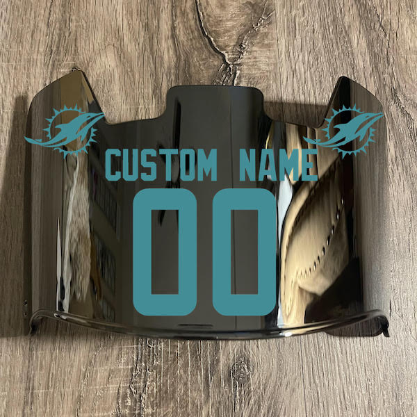Miami Dolphins Custom Name & Number Full Size Football Helmet Visor Shield Silver Chrome Mirror w/ Clips - Aqua Green
