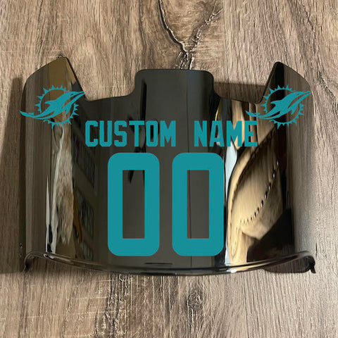 Miami Dolphins Custom Name & Number Full Size Football Helmet Visor Shield Silver Chrome Mirror w/ Clips - Aqua Green