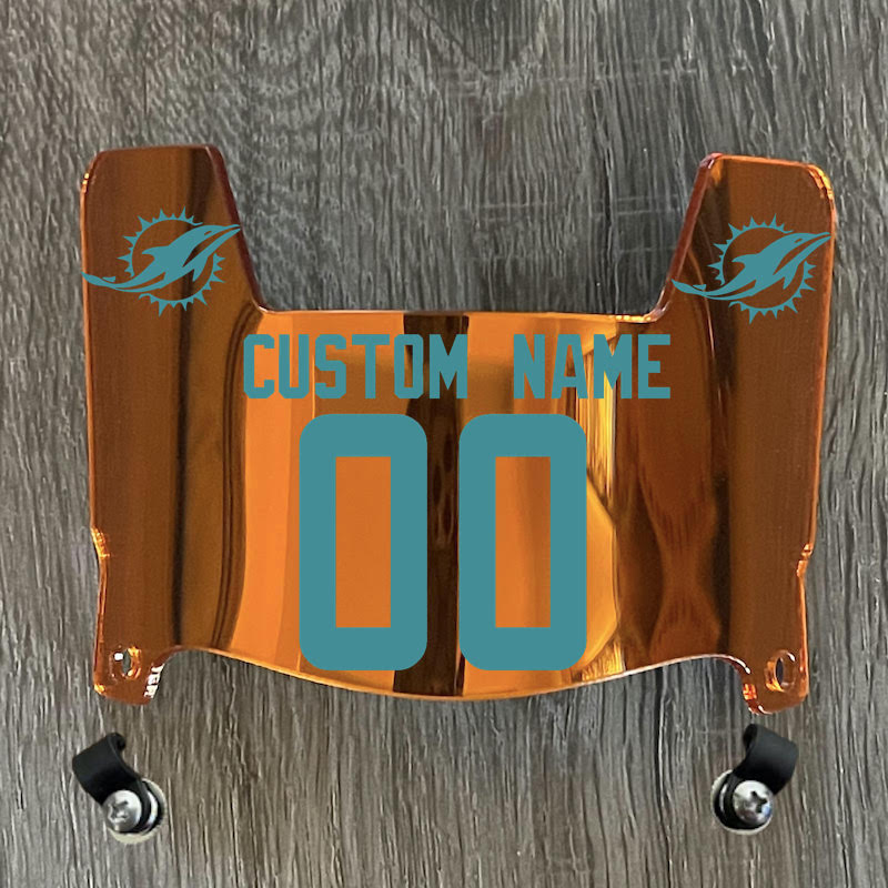 Miami Dolphins Custom Name & Number Mini Football Helmet Visor Shield Orange Chrome Mirror w/ Clips - Aqua Green