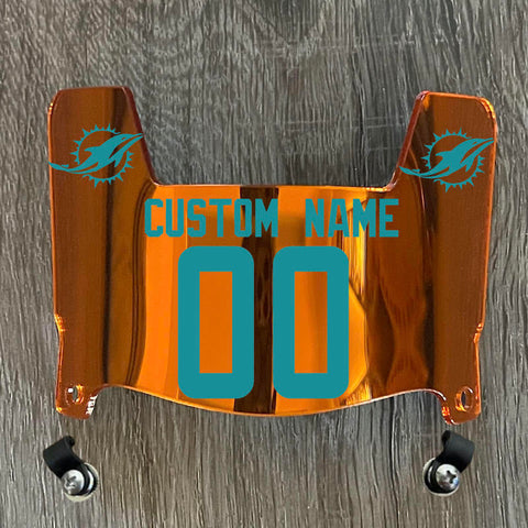 Miami Dolphins Custom Name & Number Mini Football Helmet Visor Shield Orange Chrome Mirror w/ Clips - Aqua Green