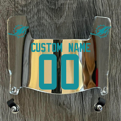 Miami Dolphins Custom Name & Number Mini Football Helmet Visor Shield Silver Chrome Mirror w/ Clips - Aqua Green