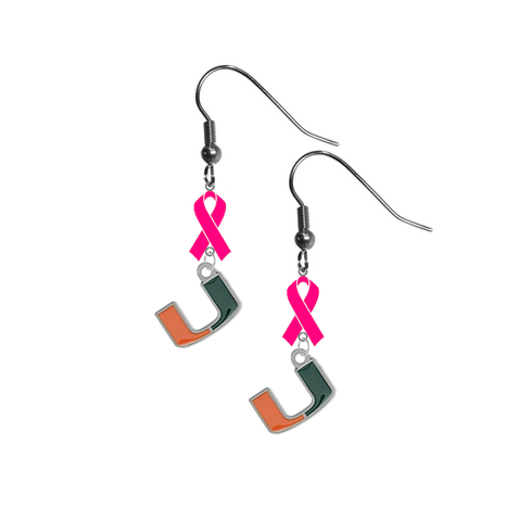 Miami Hurricanes Breast Cancer Awareness Hot Pink Ribbon Dangle Earrings