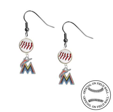 Miami Marlins MLB Authentic Rawlings On Field Leather Baseball Dangle Earrings