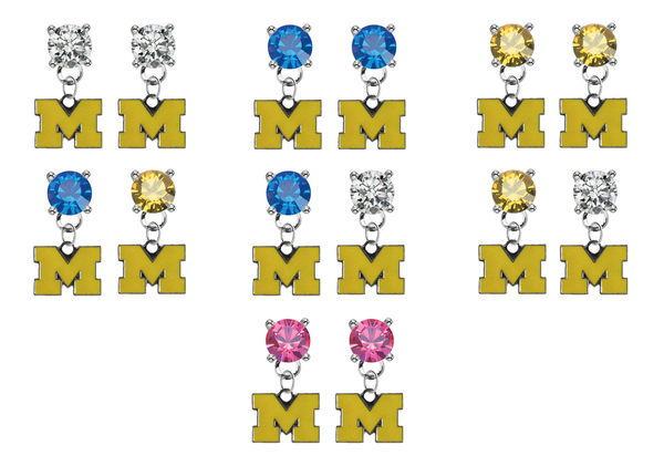 Michigan Wolverines 3 NCAA Swarovski Crystal Stud Rhinestone Earrings