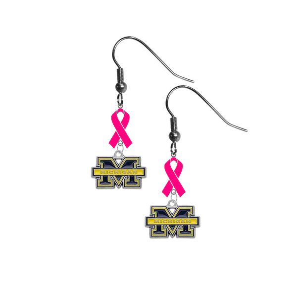 Michigan Wolverines Breast Cancer Awareness Hot Pink Ribbon Dangle Earrings