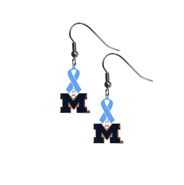 Michigan Wolverines Style 2 Prostate Cancer Awareness Light Blue Ribbon Dangle Earrings