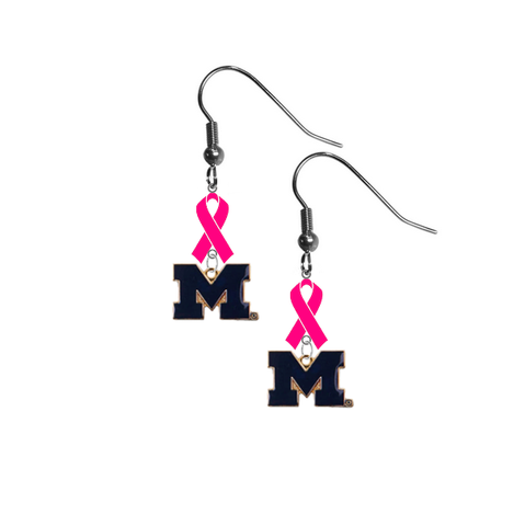Michigan Wolverines Style 2 Breast Cancer Awareness Hot Pink Ribbon Dangle Earrings