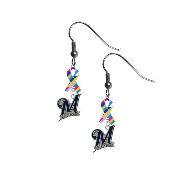 Milwaukee Brewers MLB Crucial Catch Cancer Awareness Ribbon Dangle Earrings