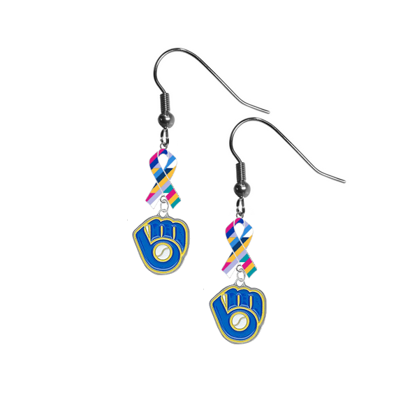 Milwaukee Brewers Retro MLB Crucial Catch Cancer Awareness Ribbon Dangle Earrings