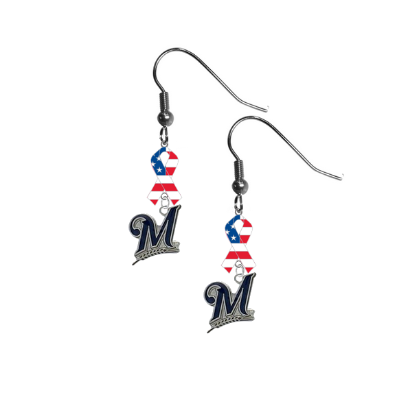 Milwaukee Brewers MLB USA American Flag Ribbon Dangle Earrings