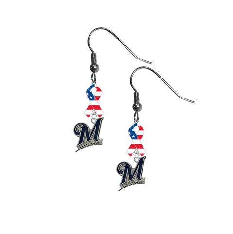 Milwaukee Brewers MLB USA American Flag Ribbon Dangle Earrings
