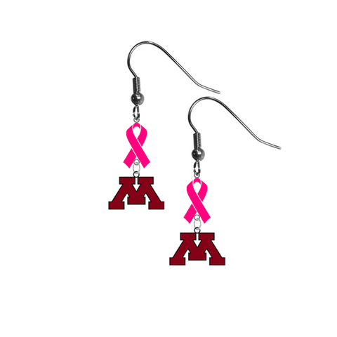 Minnesota Gophers Breast Cancer Awareness Hot Pink Ribbon Dangle Earrings
