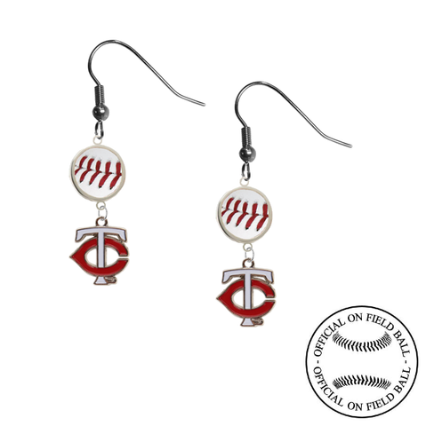 Minnesota Twins Style 2 MLB Authentic Rawlings On Field Leather Baseball Dangle Earrings