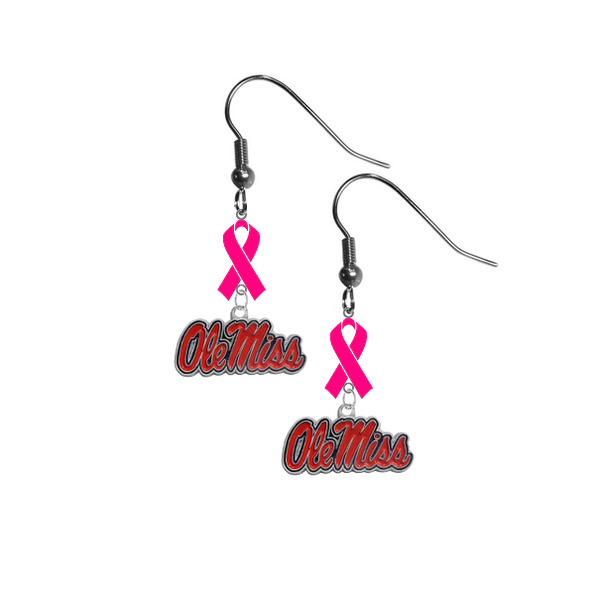 Ole Miss Mississippi Rebels Breast Cancer Awareness Hot Pink Ribbon Dangle Earrings