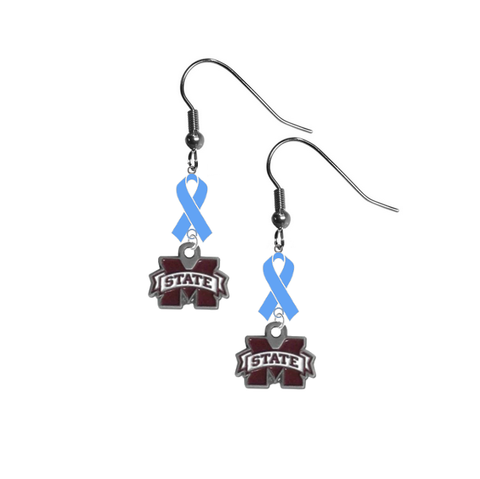 Mississippi State Bulldogs Prostate Cancer Awareness Light Blue Ribbon Dangle Earrings