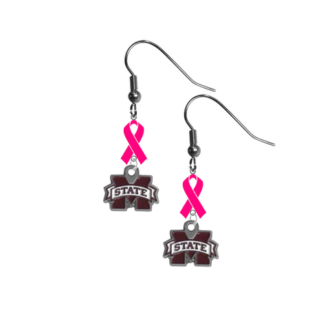 Mississippi State Bulldogs Breast Cancer Awareness Hot Pink Ribbon Dangle Earrings