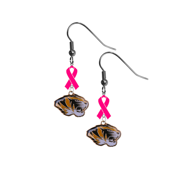 Missouri Tigers Breast Cancer Awareness Hot Pink Ribbon Dangle Earrings