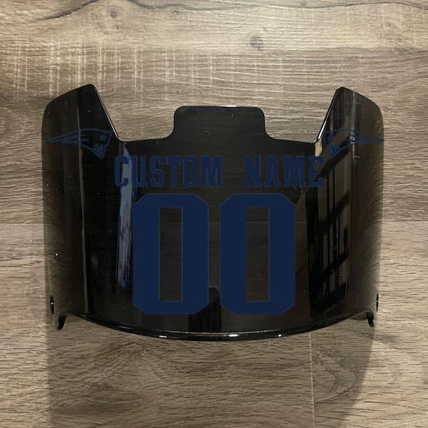 New England Patriots Custom Name & Number Full Size Football Helmet Visor Shield Black Dark Tint w/ Clips - Navy Blue