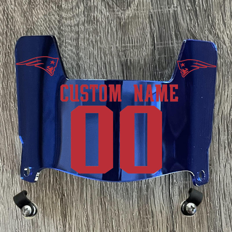 New England Patriots Custom Name & Number Mini Football Helmet Visor Shield Blue Chrome Mirror w/ Clips - Red